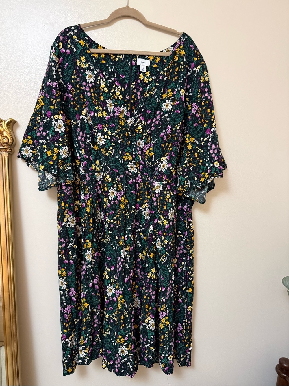 Old Navy NEW Dark Green Floral faux Wrap dress with Yellow & Purple Blooms